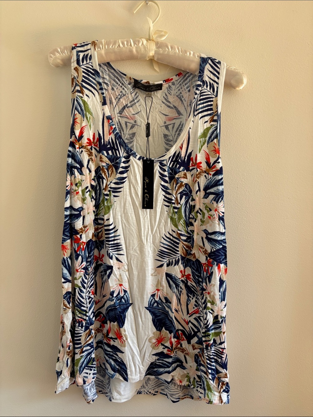 Rose & Olive White Tropical Tank Top with Navy, Green & Red Accents